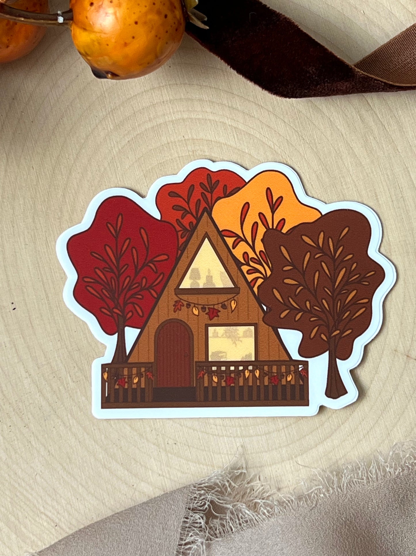 Autumn A-Frame Cabin Sticker, 3x2.3in