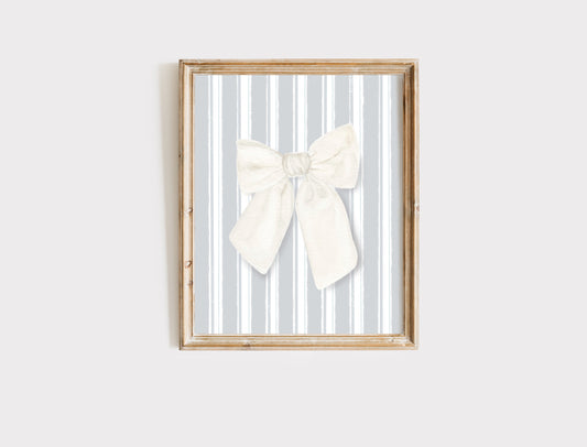 Ivory and Blue Stripe Bow Art Print - Coastal Elegance for Your Walls