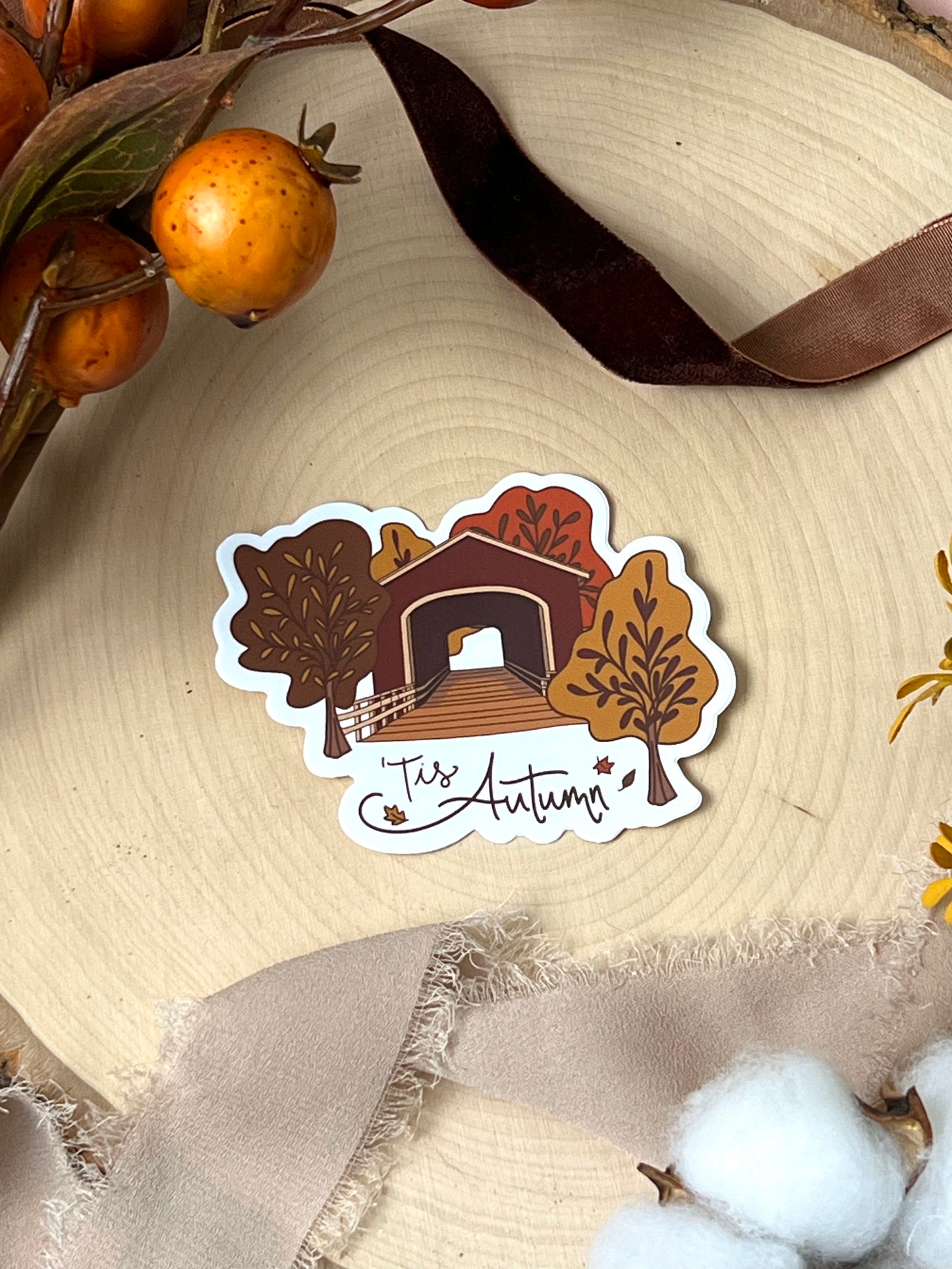 Tis Autumn Covered Bridge Sticker, 3x2.25in