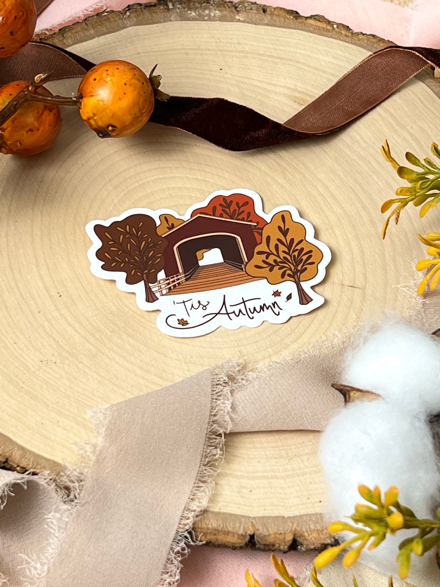 Tis Autumn Covered Bridge Sticker, 3x2.25in
