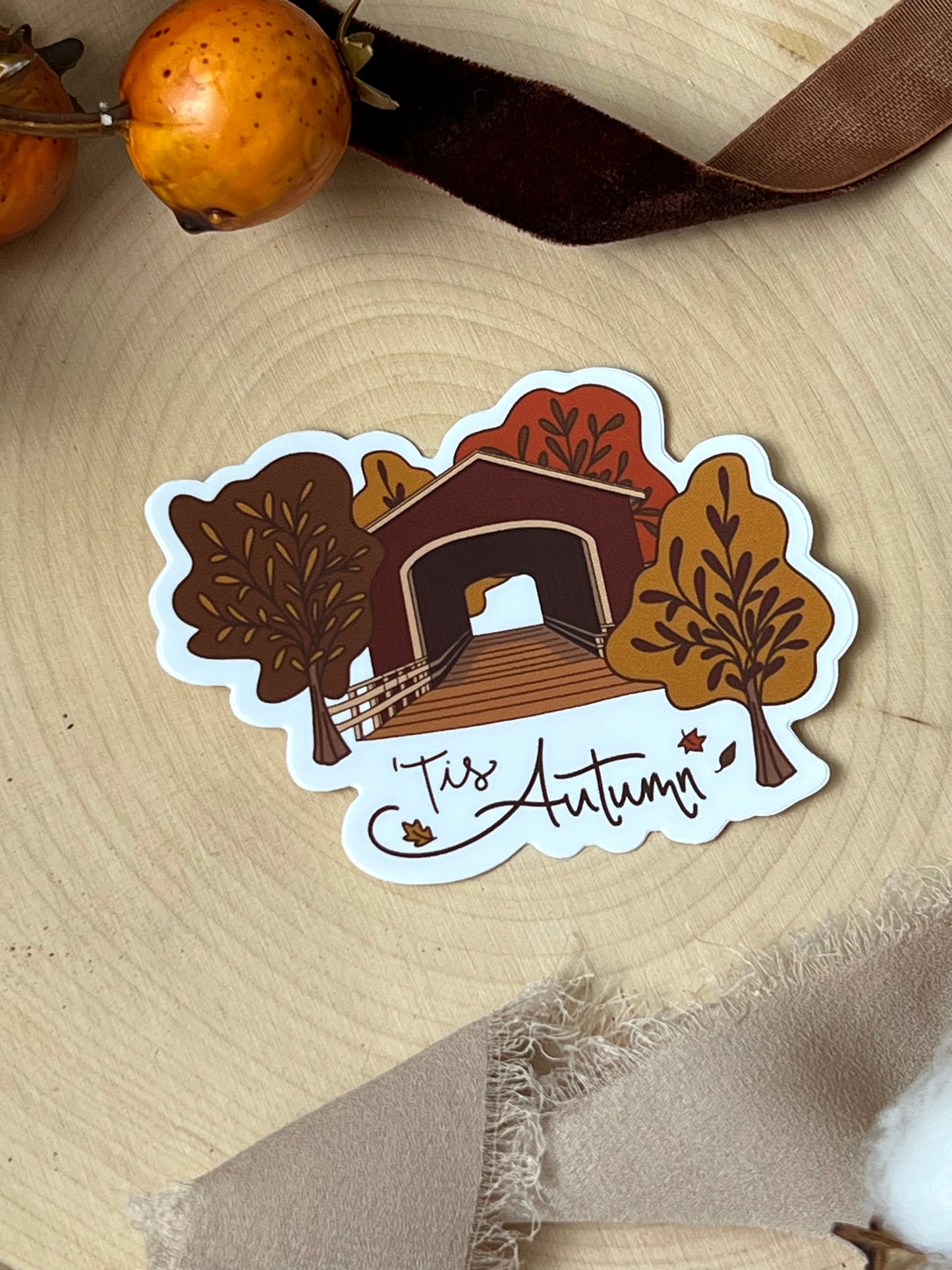 Tis Autumn Covered Bridge Sticker, 3x2.25in