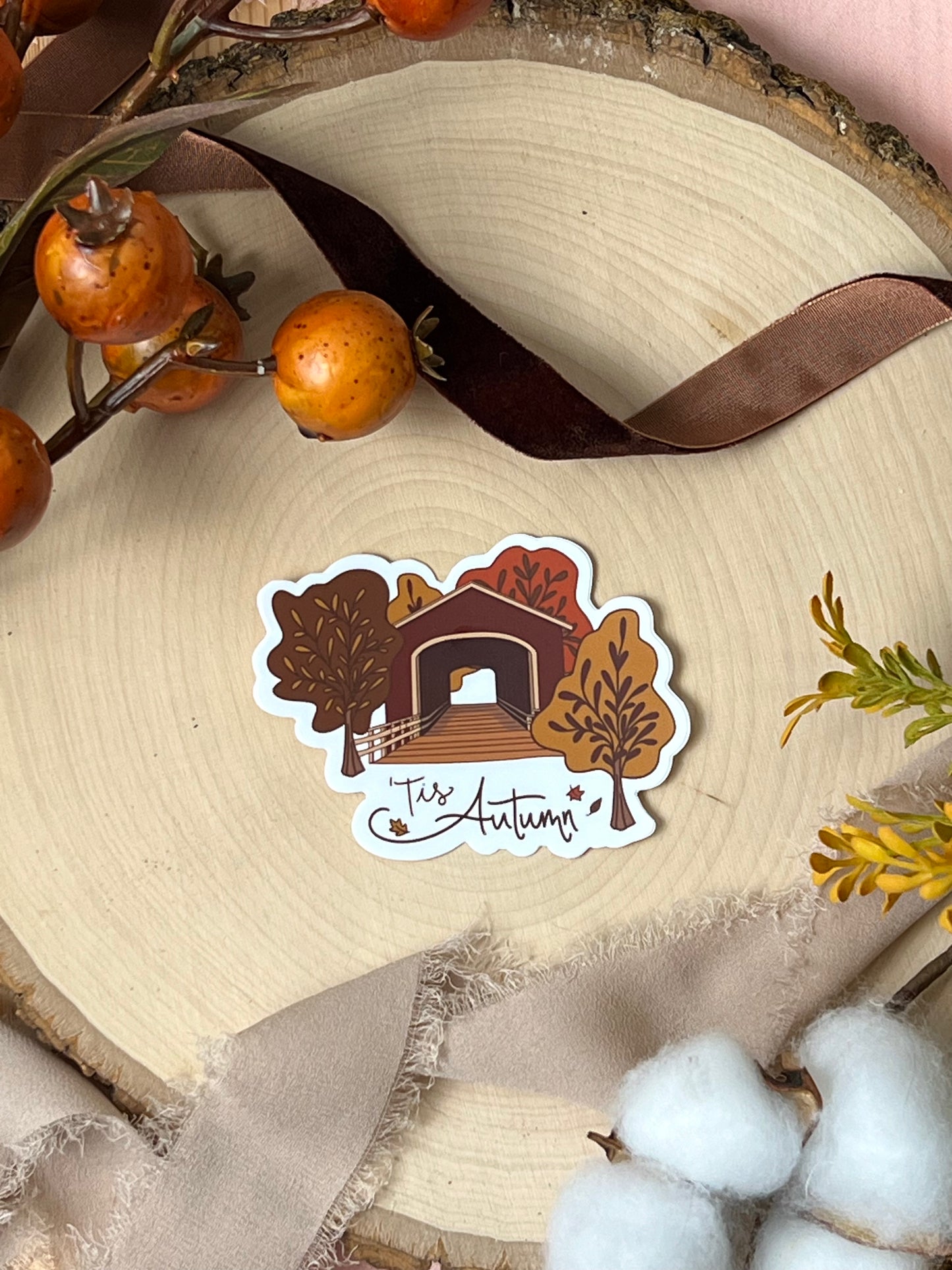 Tis Autumn Covered Bridge Sticker, 3x2.25in